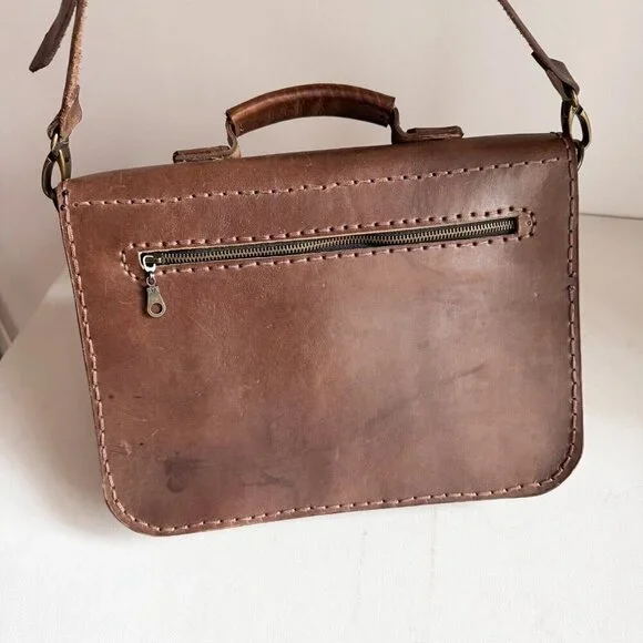 Vintage Brown Leather Book Bag w Crossbody Strap - Picture 3 of 10